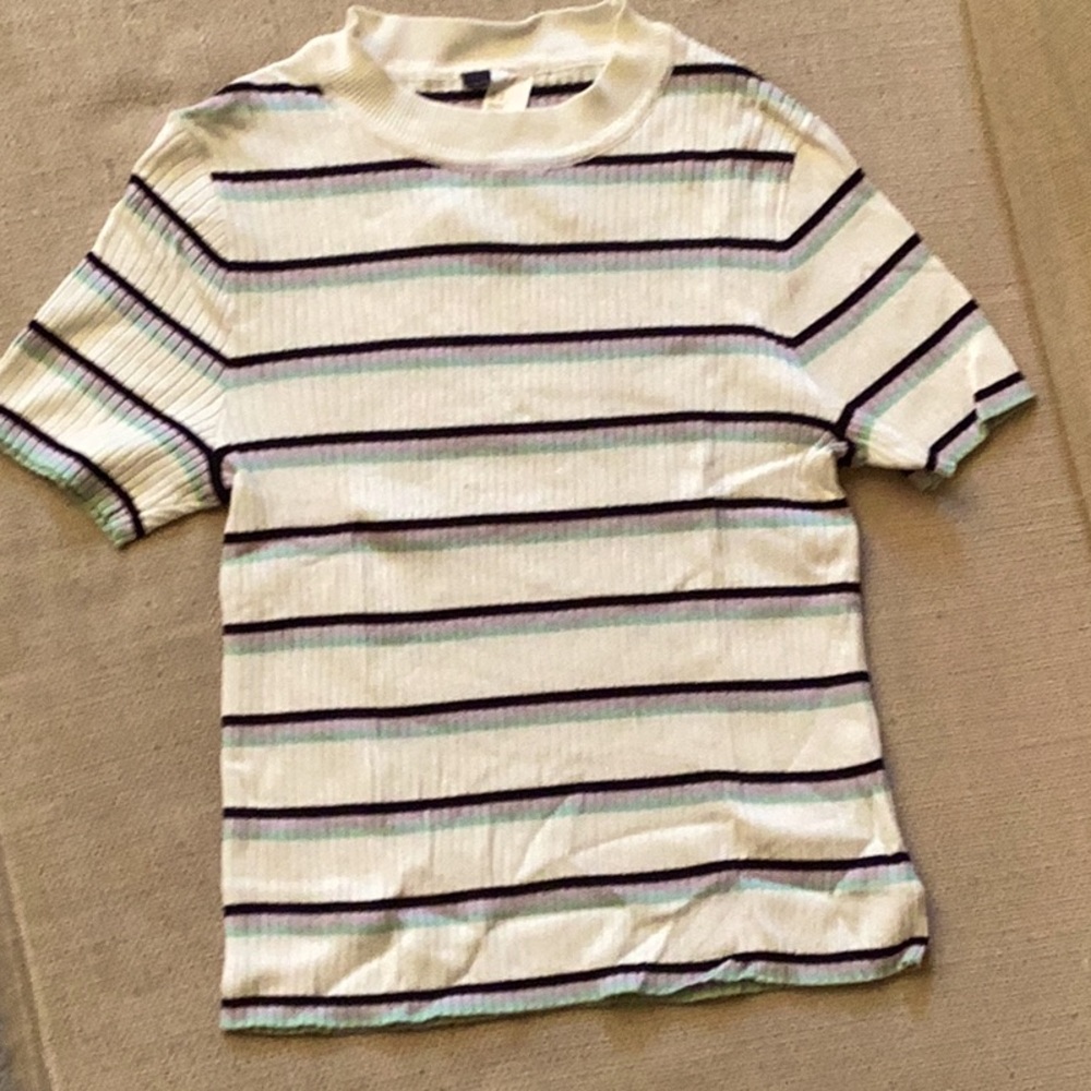 OFF WHITE KNIT SHORT SLEEVE CROPTOP WITH BLACK, MINT, LAVENDER STRIPES